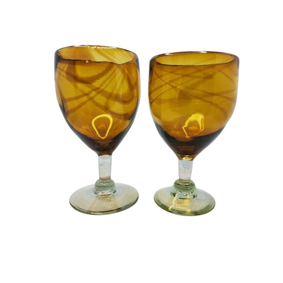Vintage Hand Blown Amber Swirl Wine Glasses Set Of 2 - Picture 1 of 6